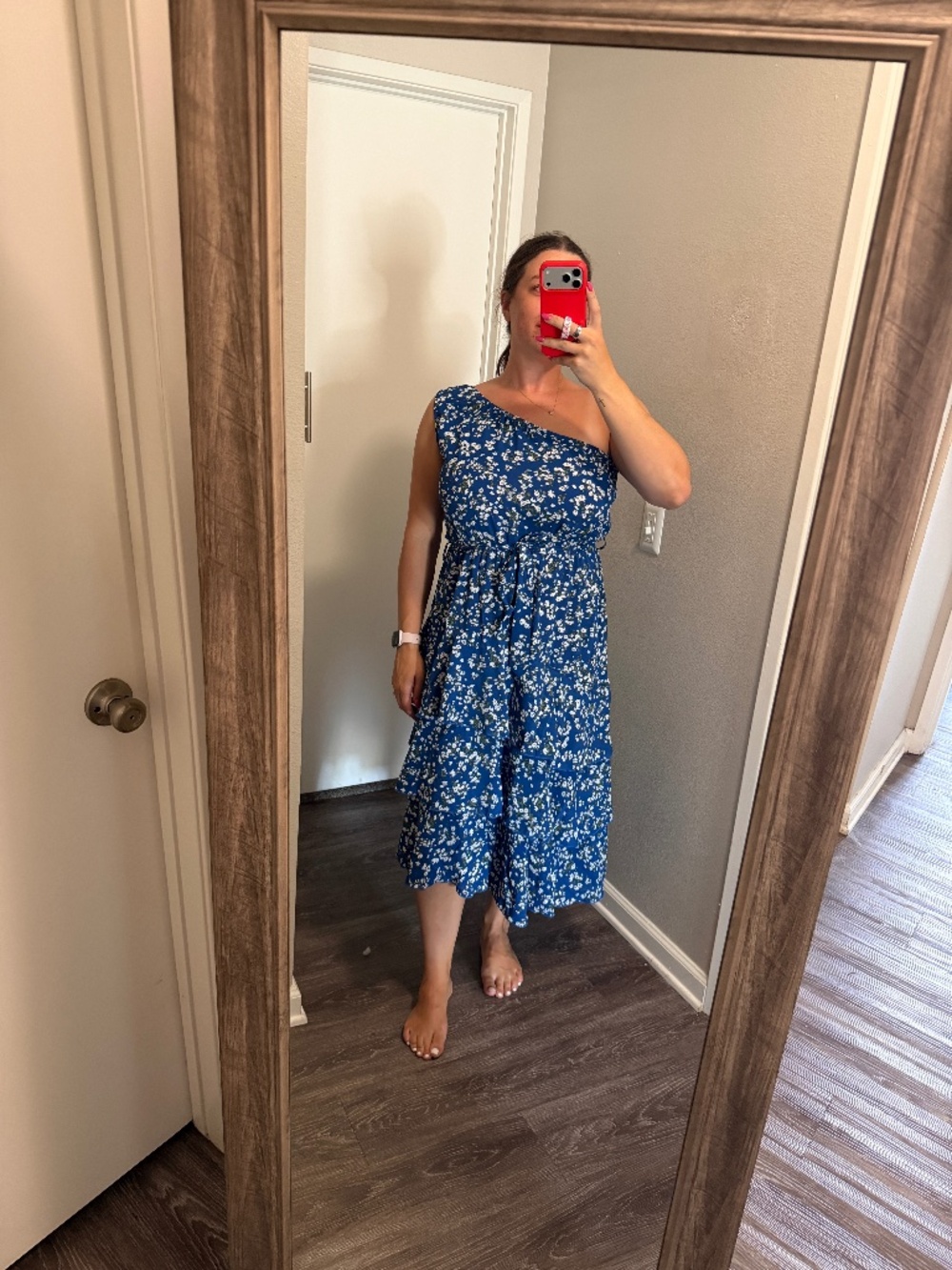 One Shoulder Blue Floral Midi Dress with Ruffles